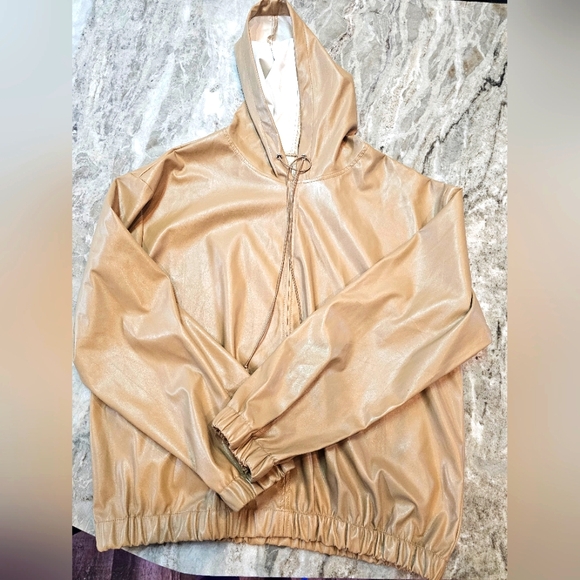 junie Tops - Junie Clothing Faux Leather Hoodie Tan Camel Pullover Drawstring Size Large
